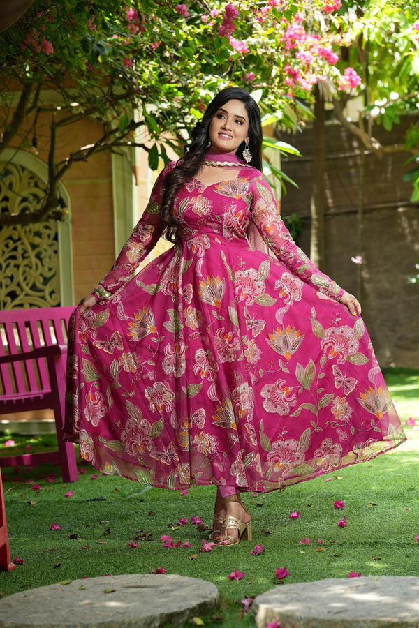 Sai Secrets Collections Women's Embroidered Organza Anarkali | Festive, Wedding & Party Wear | Available in Plus Sizes | EMBROIDERY ORGANZA Pink.