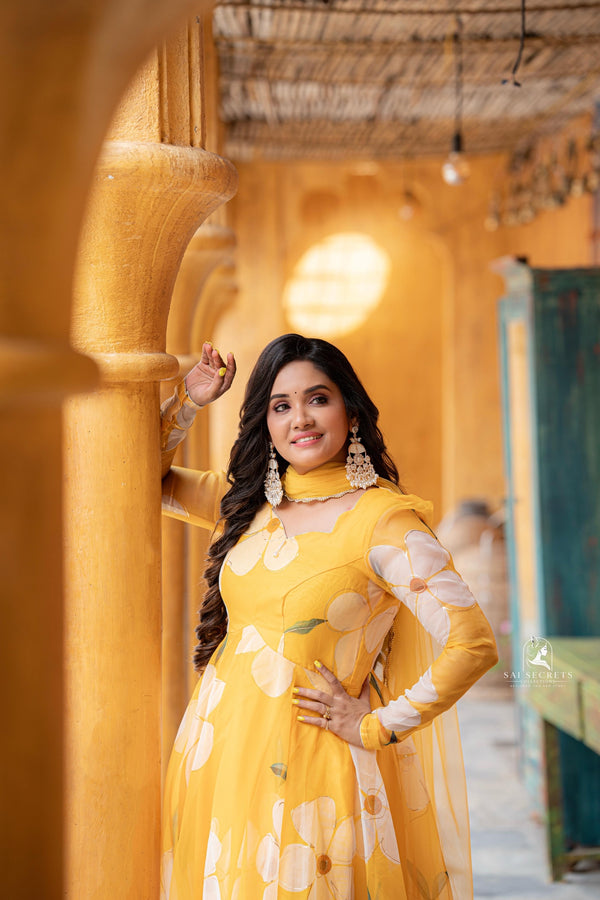 Sai Secrets Collections Women's  Anarkali FOIL PRINTED ORGANZA PAVAZHAMALI - Mango Yellow.