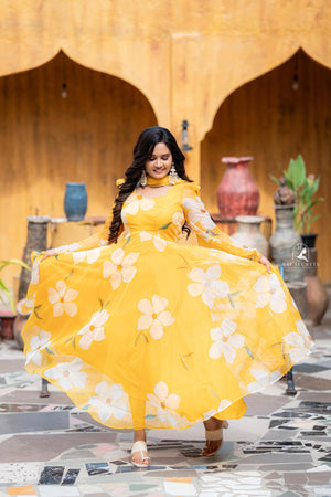 Sai Secrets Collections Women's  Anarkali FOIL PRINTED ORGANZA PAVAZHAMALI - Mango Yellow.