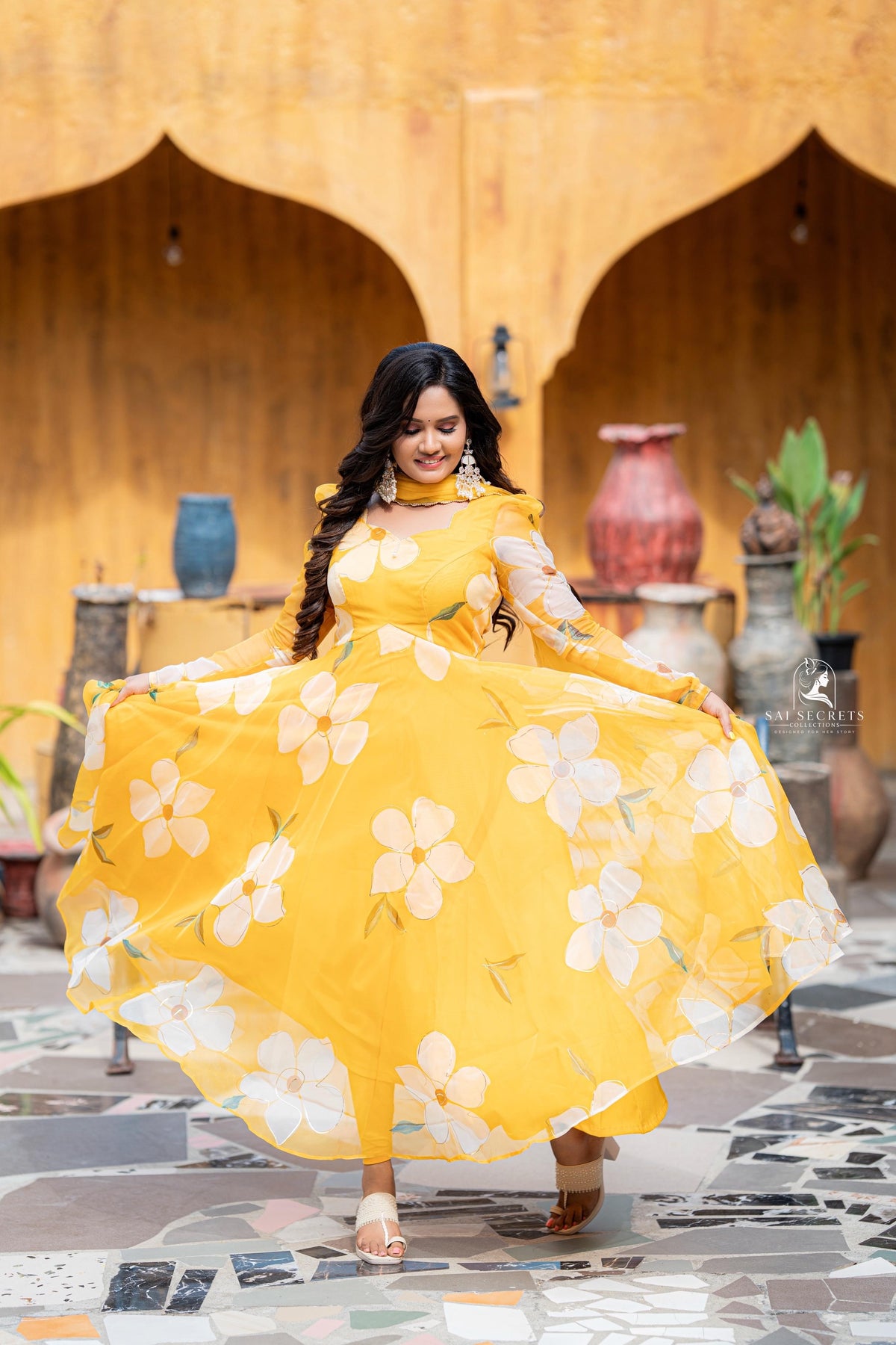 Sai Secrets Collections Women's  Anarkali FOIL PRINTED ORGANZA PAVAZHAMALI - Mango Yellow.