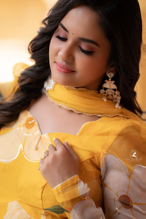 Sai Secrets Collections Women's  Anarkali FOIL PRINTED ORGANZA PAVAZHAMALI - Mango Yellow.