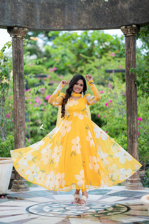 Sai Secrets Collections Women's  Anarkali FOIL PRINTED ORGANZA PAVAZHAMALI - Mango Yellow.