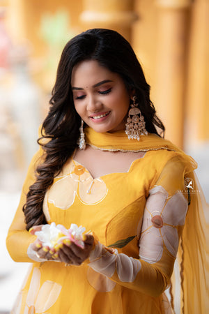 Sai Secrets Collections Women's  Anarkali FOIL PRINTED ORGANZA PAVAZHAMALI - Mango Yellow.