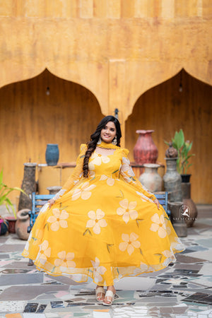 Sai Secrets Collections Women's  Anarkali FOIL PRINTED ORGANZA PAVAZHAMALI - Mango Yellow.