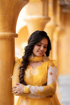 Sai Secrets Collections Women's  Anarkali FOIL PRINTED ORGANZA PAVAZHAMALI - Mango Yellow.