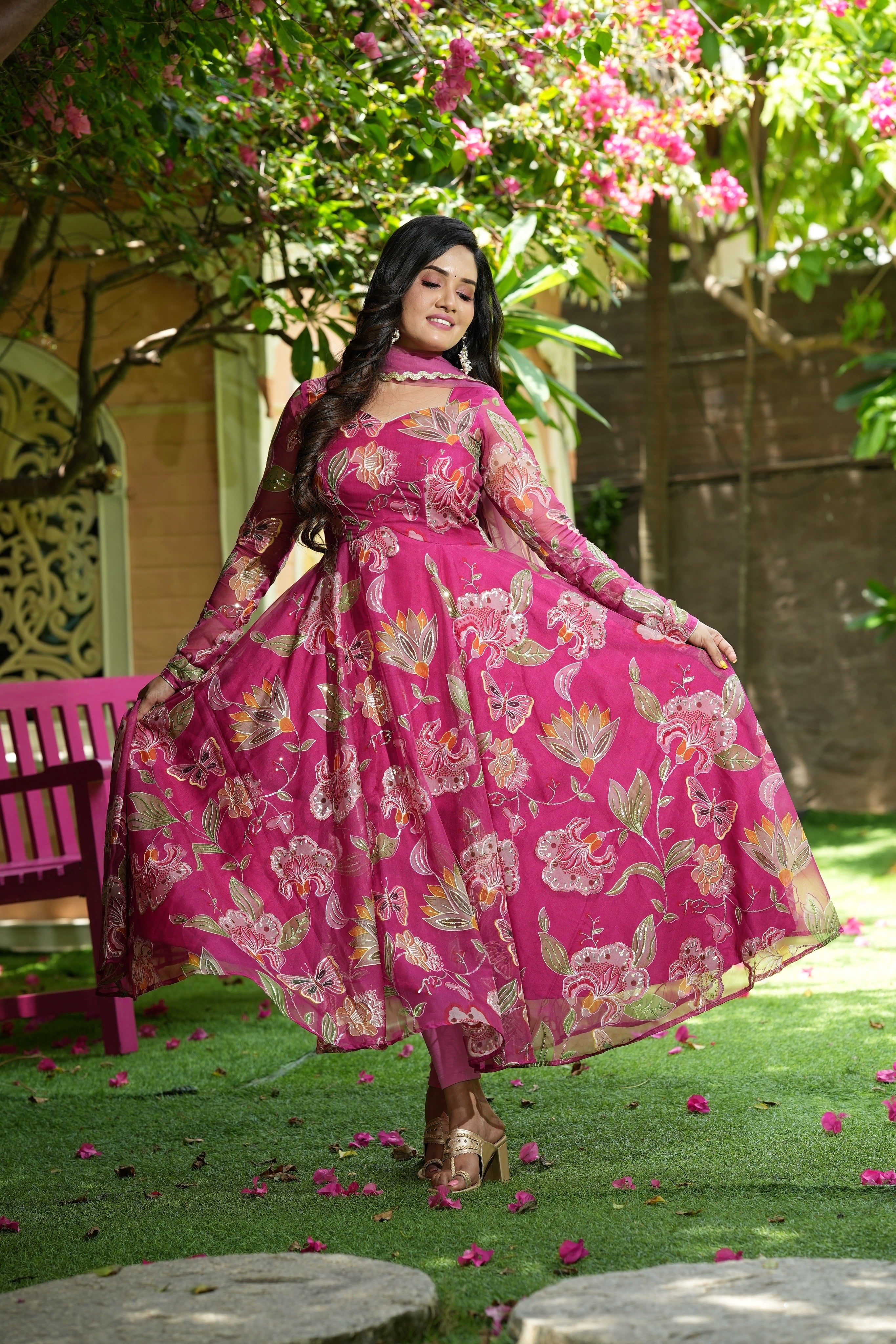 Sai Secrets Collections Women's Embroidered Organza Anarkali | Festive, Wedding & Party Wear | Available in Plus Sizes | EMBROIDERY ORGANZA Pink