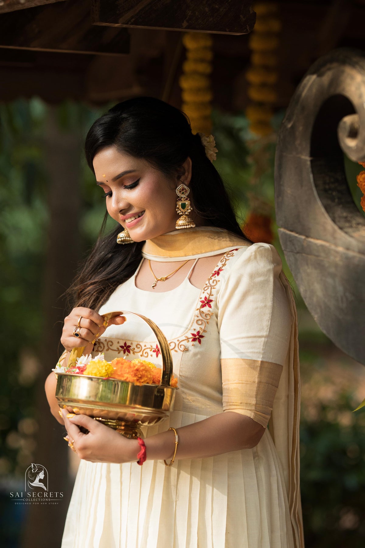 Sai Secrets Collections ONAM SPECIAL Series 1-Aari worked KASAVU cotton Anarkali (Two set).