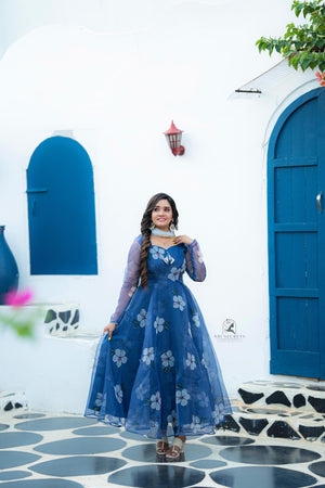 Sai Secrets Collections Women's Anarkali - Pavazhamali  FOIL PRINTED ORGANZA BLUE.