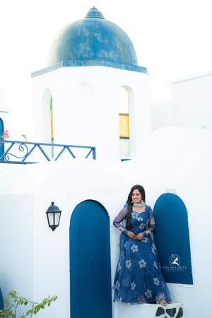 Sai Secrets Collections Women's Anarkali - Pavazhamali  FOIL PRINTED ORGANZA BLUE.