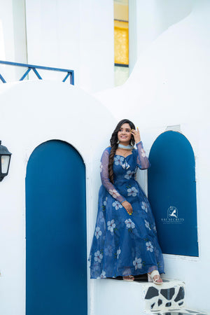 Sai Secrets Collections Women's Anarkali - Pavazhamali  FOIL PRINTED ORGANZA BLUE.