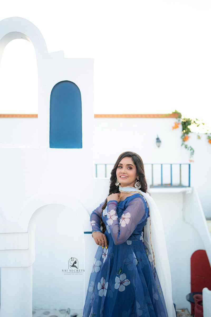 Sai Secrets Collections Women's Anarkali - Pavazhamali  FOIL PRINTED ORGANZA BLUE.