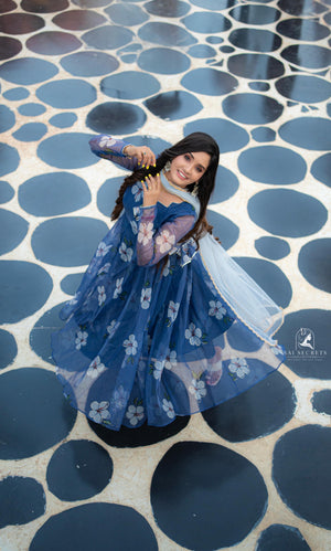Sai Secrets Collections Women's Anarkali - Pavazhamali  FOIL PRINTED ORGANZA BLUE.