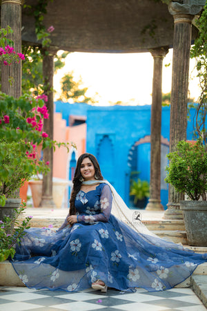 Sai Secrets Collections Women's Anarkali - Pavazhamali  FOIL PRINTED ORGANZA BLUE.