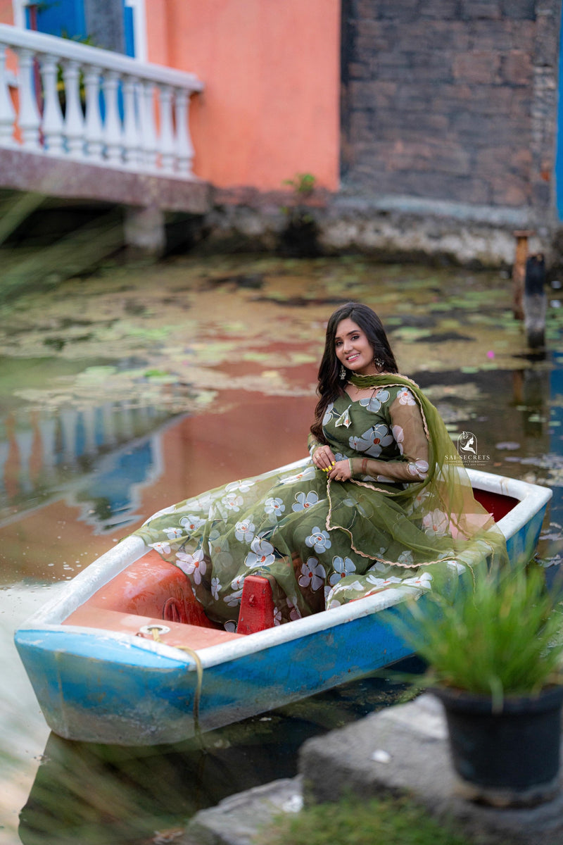 Sai Secrets Collections Women's  Anarkali _ Pavazhamali MATERIAL-FOIL PRINTED ORGANZA Olive Green.