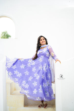Sai Secrets Collections Women's  Anarkali - Pavazhamali MATERIAL-FOIL PRINTED ORGANZA - LAVENDER.