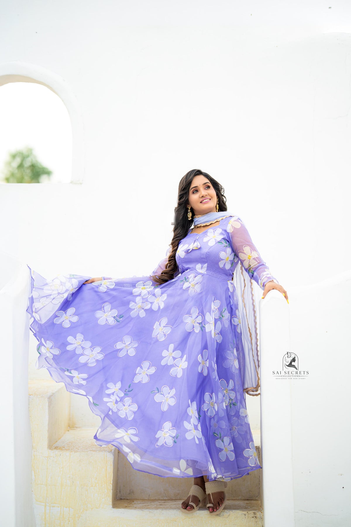 Sai Secrets Collections Women's  Anarkali - Pavazhamali MATERIAL-FOIL PRINTED ORGANZA - LAVENDER.
