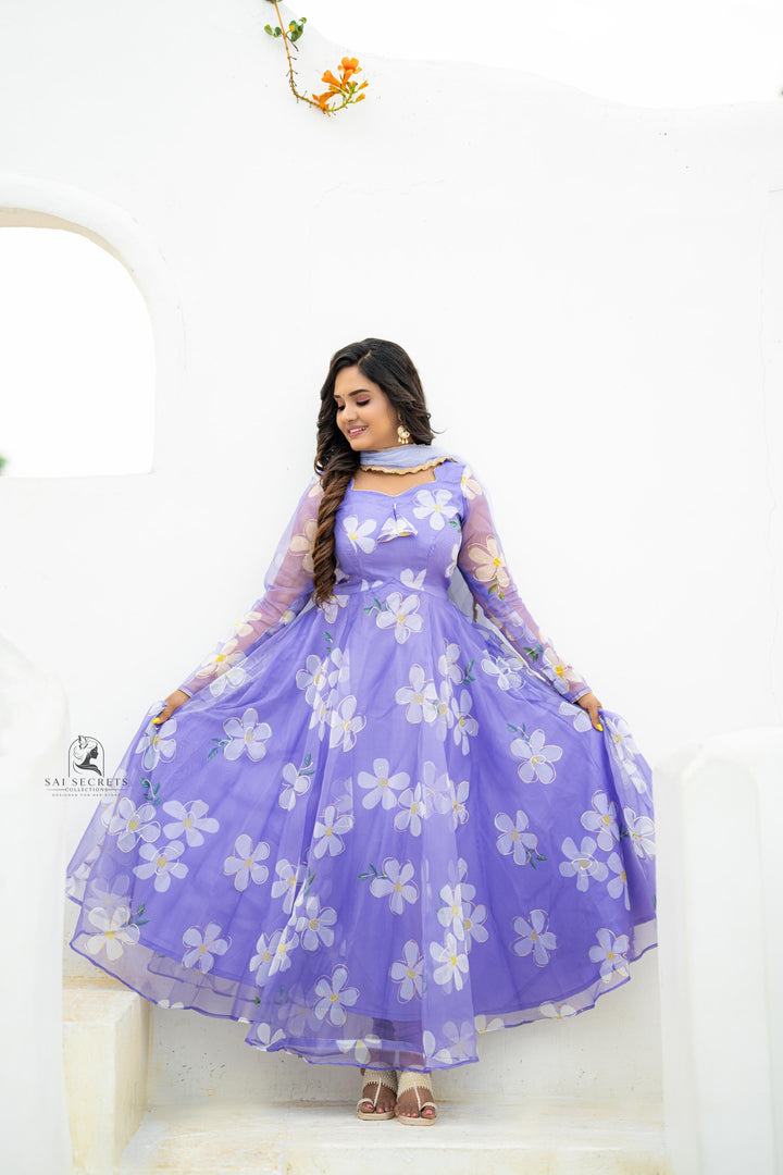 Sai Secrets Collections Women's  Anarkali - Pavazhamali MATERIAL-FOIL PRINTED ORGANZA - LAVENDER.
