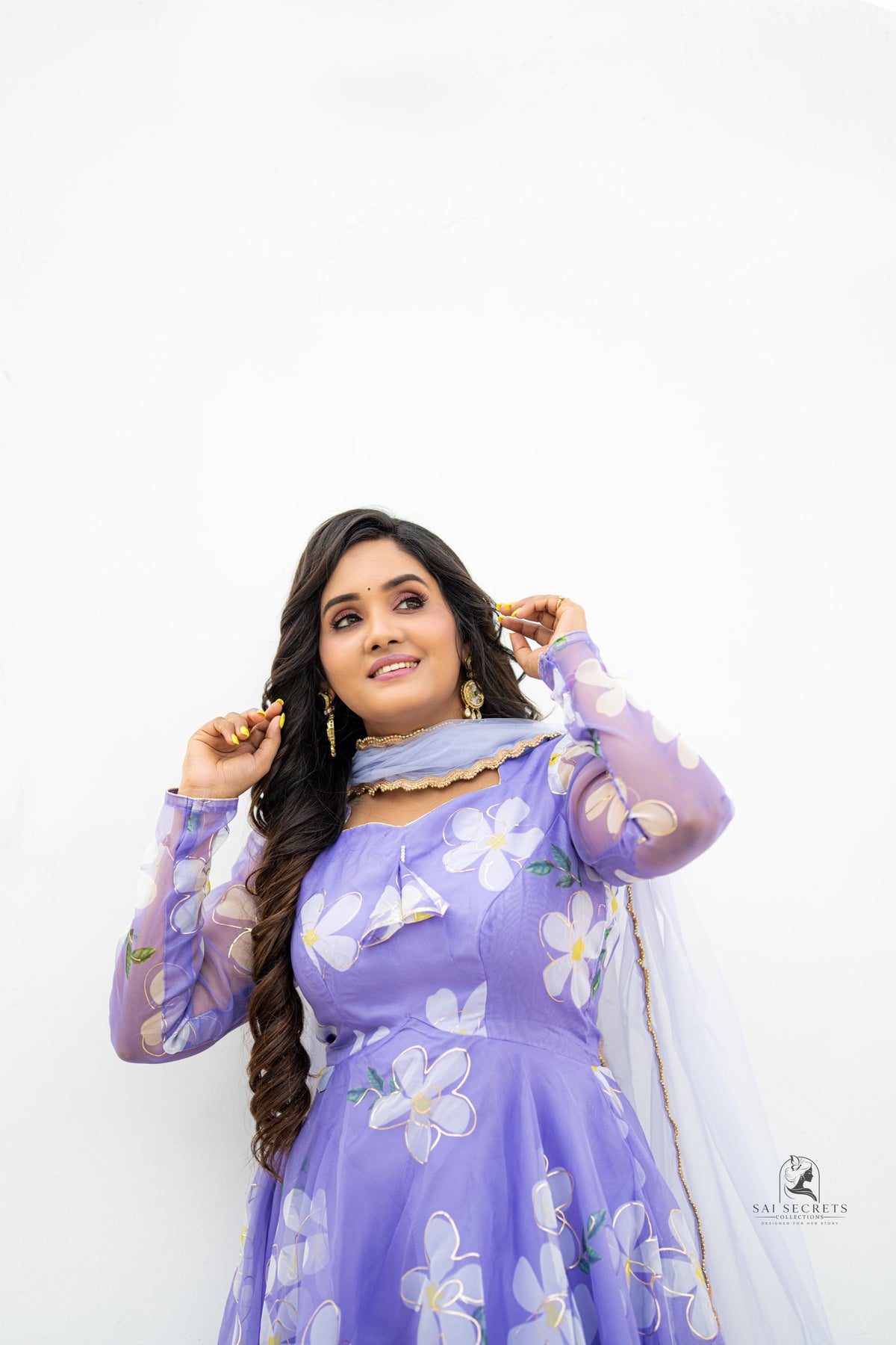 Sai Secrets Collections Women's  Anarkali - Pavazhamali MATERIAL-FOIL PRINTED ORGANZA - LAVENDER.