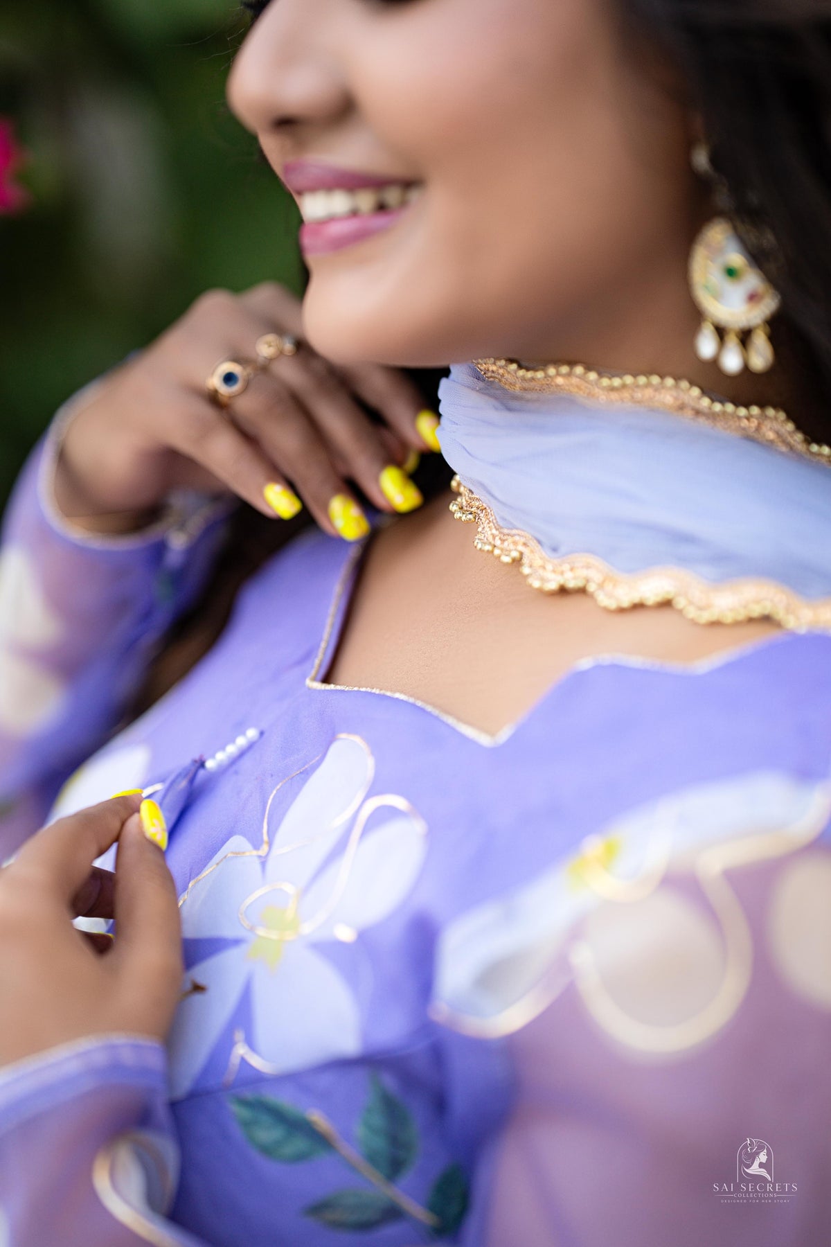 Sai Secrets Collections Women's  Anarkali - Pavazhamali MATERIAL-FOIL PRINTED ORGANZA - LAVENDER.