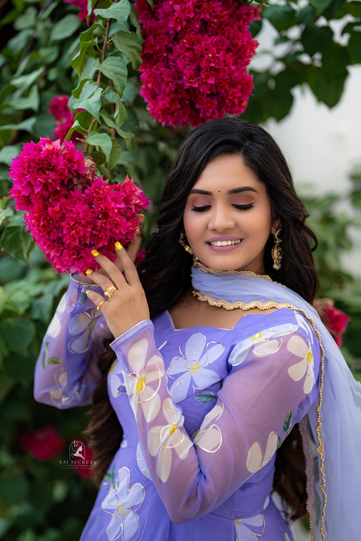 Sai Secrets Collections Women's  Anarkali - Pavazhamali MATERIAL-FOIL PRINTED ORGANZA - LAVENDER.