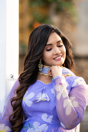 Sai Secrets Collections Women's  Anarkali - Pavazhamali MATERIAL-FOIL PRINTED ORGANZA - LAVENDER.