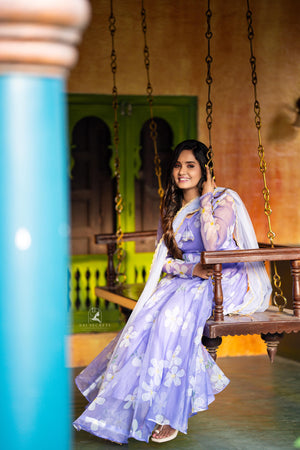 Sai Secrets Collections Women's  Anarkali - Pavazhamali MATERIAL-FOIL PRINTED ORGANZA - LAVENDER.