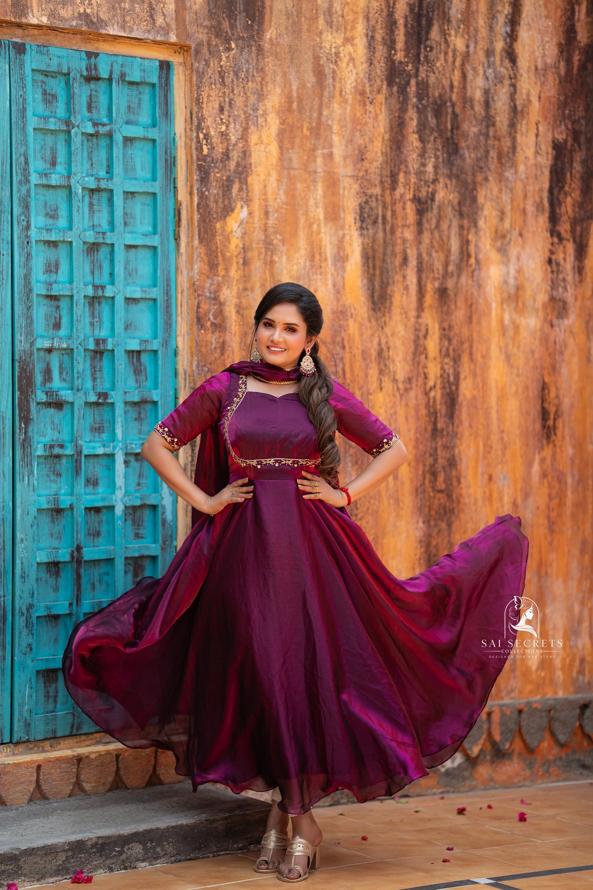 Sai Secrets Collections Women's  Anarkali - Royal Magenta Wine-Purple Fendy Aari Work Anarkali