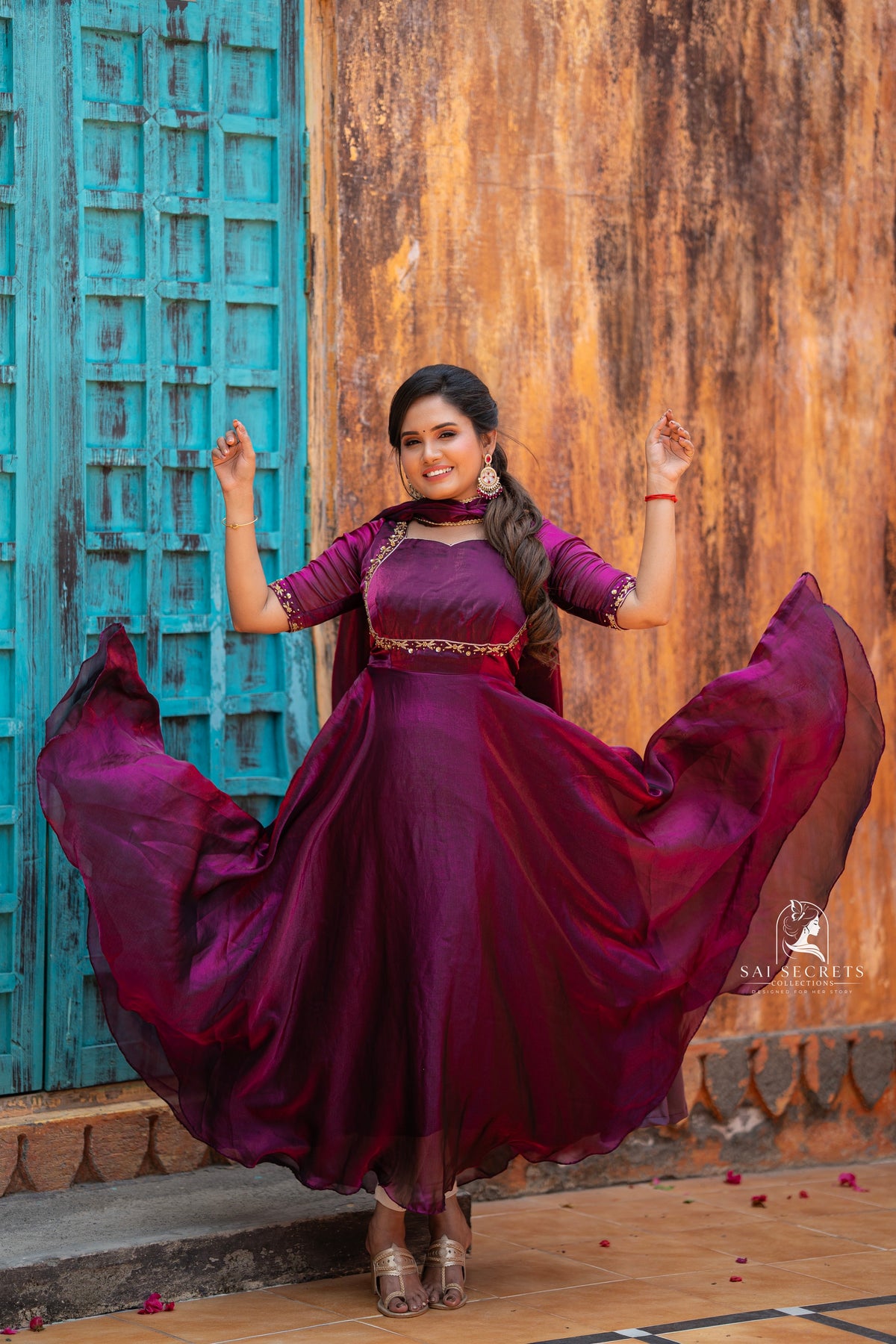 Sai Secrets Collections Women's  Anarkali - Royal Magenta Wine-Purple Fendy Aari Work Anarkali