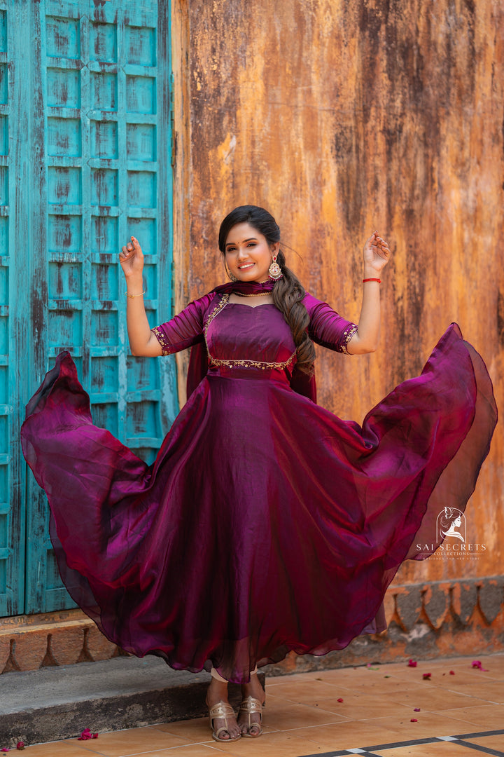 Sai Secrets Collections Women's  Anarkali - Royal Magenta Wine-Purple Fendy Aari Work Anarkali