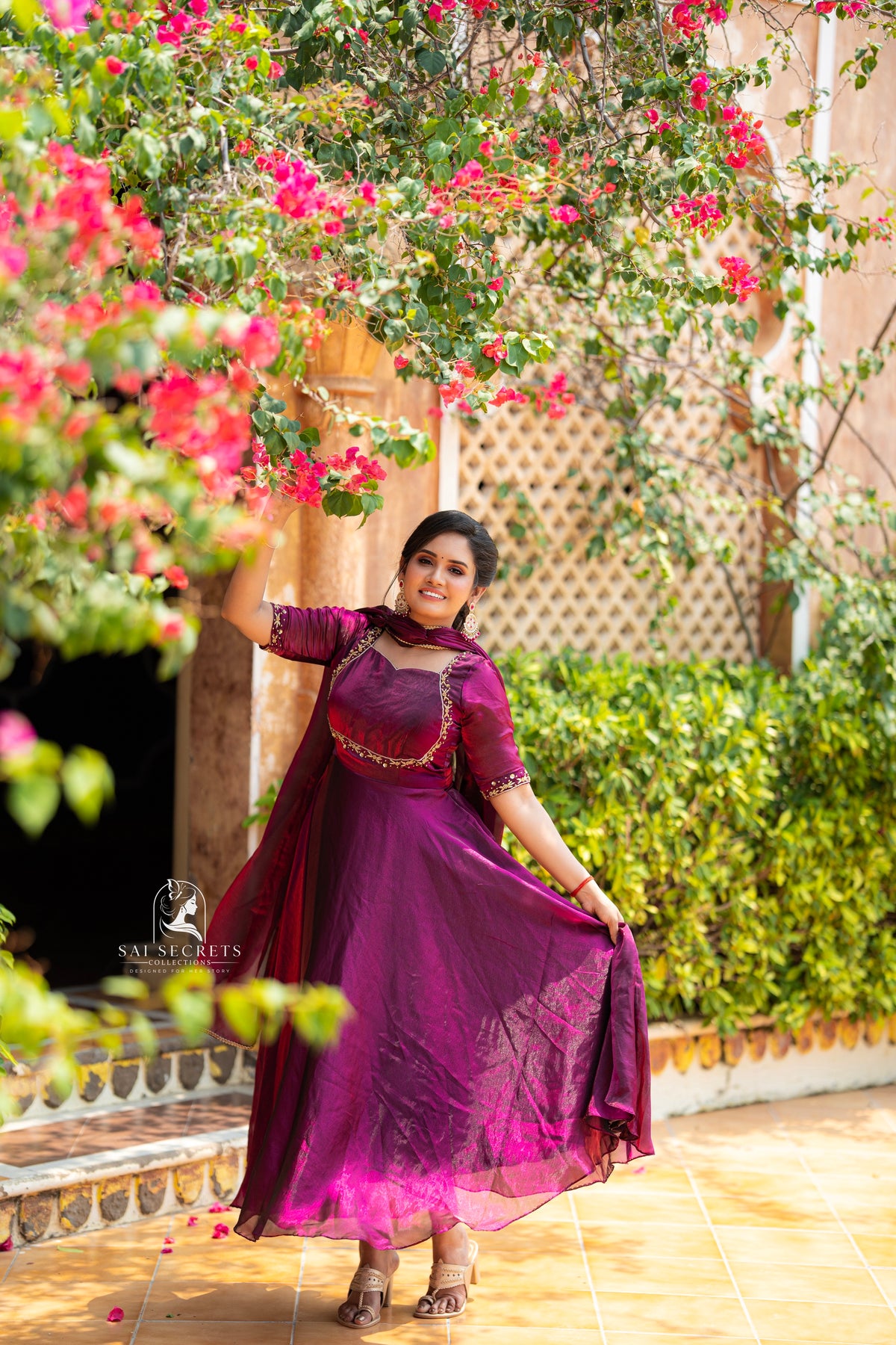 Sai Secrets Collections Women's  Anarkali - Royal Magenta Wine-Purple Fendy Aari Work Anarkali