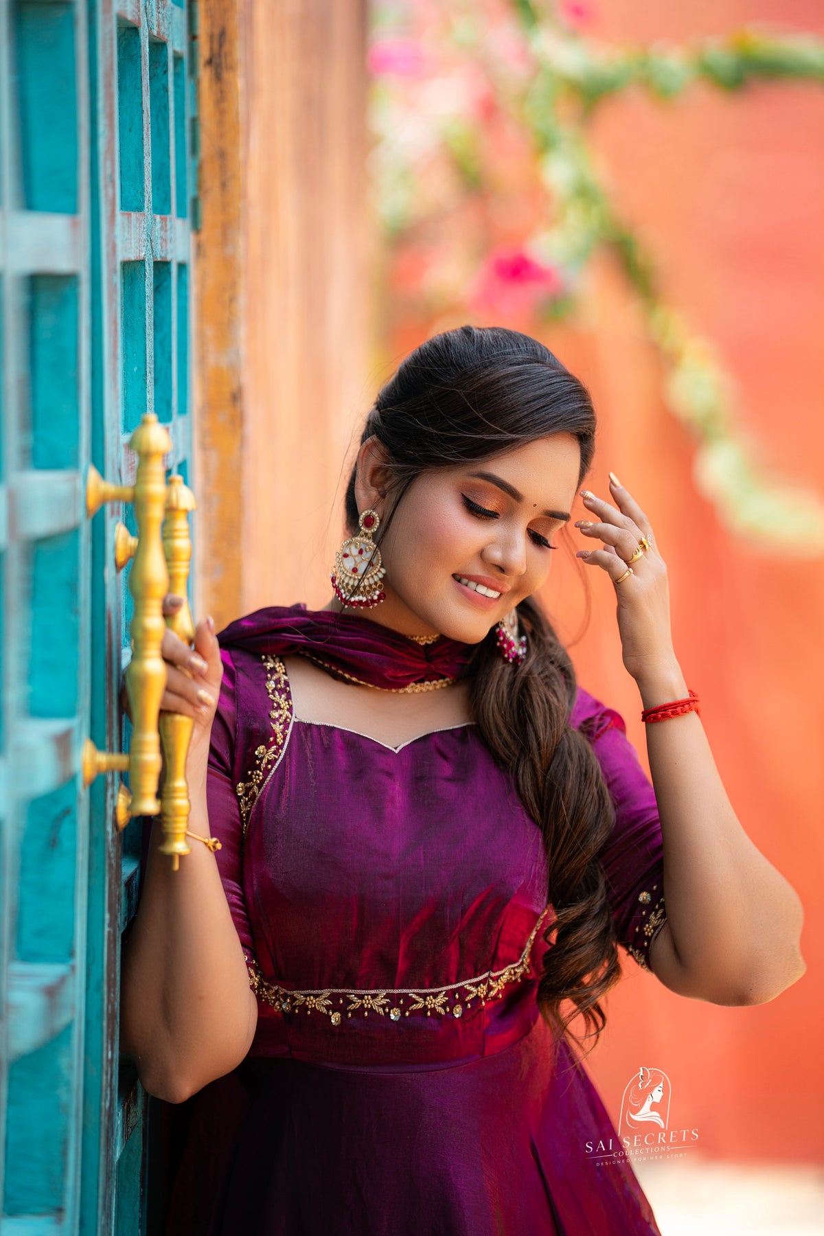 Sai Secrets Collections Women's  Anarkali - Royal Magenta Wine-Purple Fendy Aari Work Anarkali