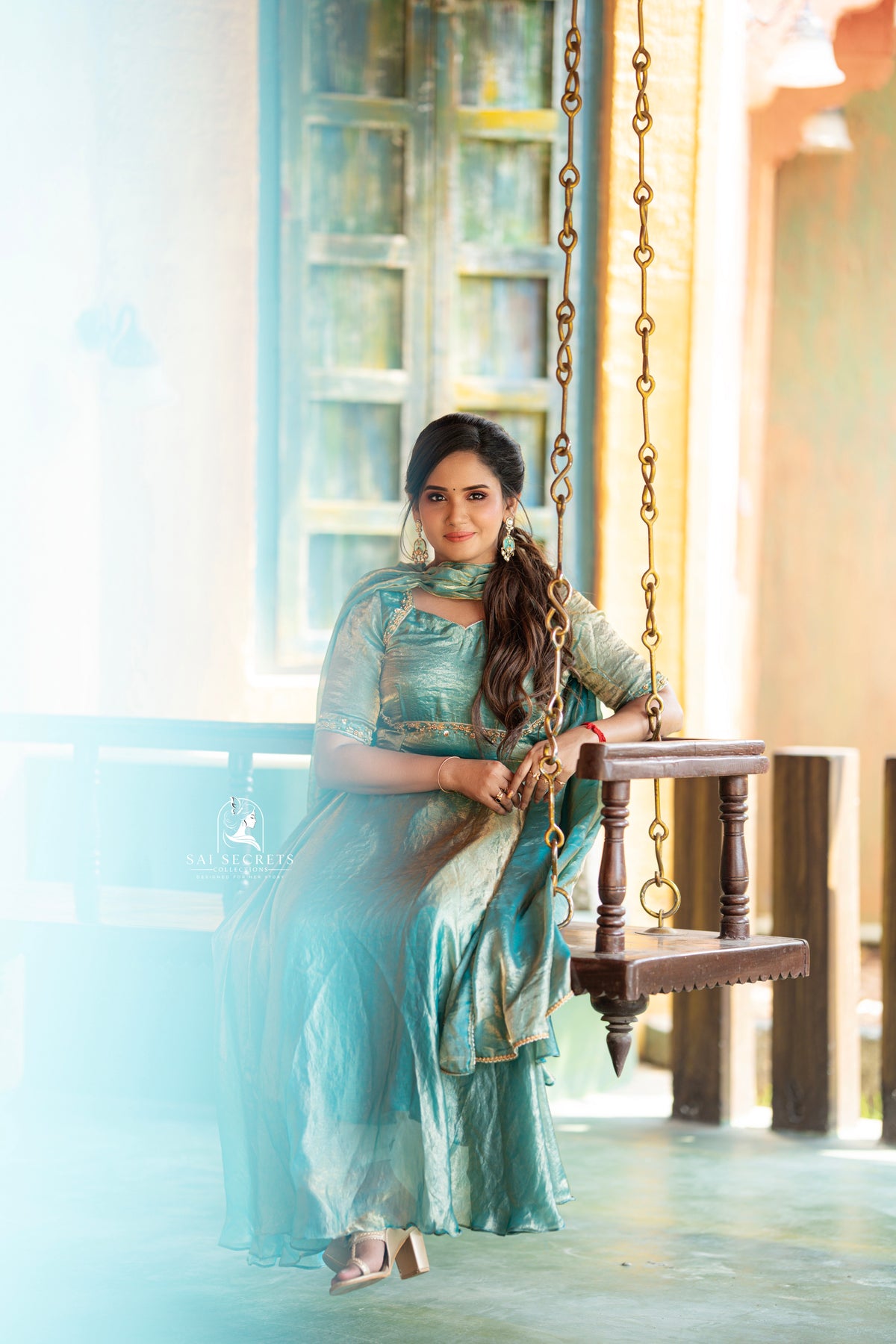Sai Secrets Collections Women's  Anarkali - Turquoise Blue Fendy Aari Work Anarkali Gown with Dupatta