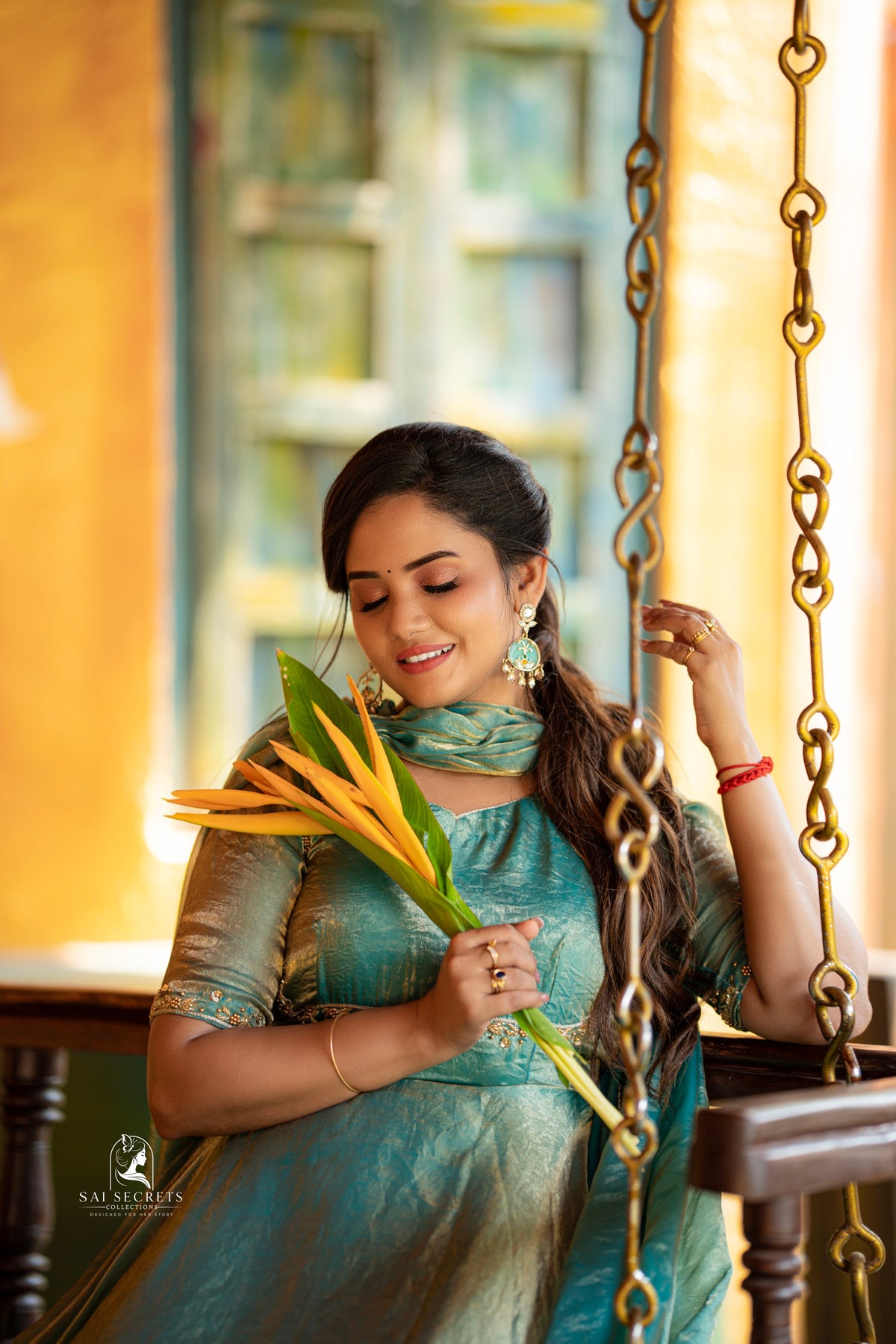 Sai Secrets Collections Women's  Anarkali - Turquoise Blue Fendy Aari Work Anarkali Gown with Dupatta