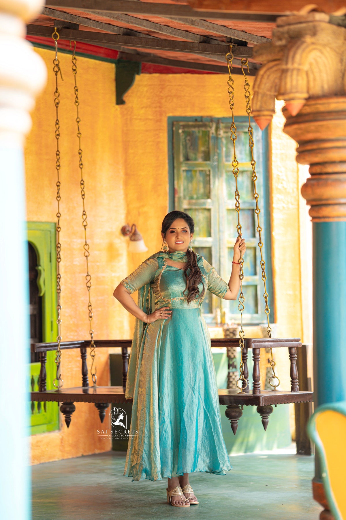 Sai Secrets Collections Women's  Anarkali - Turquoise Blue Fendy Aari Work Anarkali Gown with Dupatta