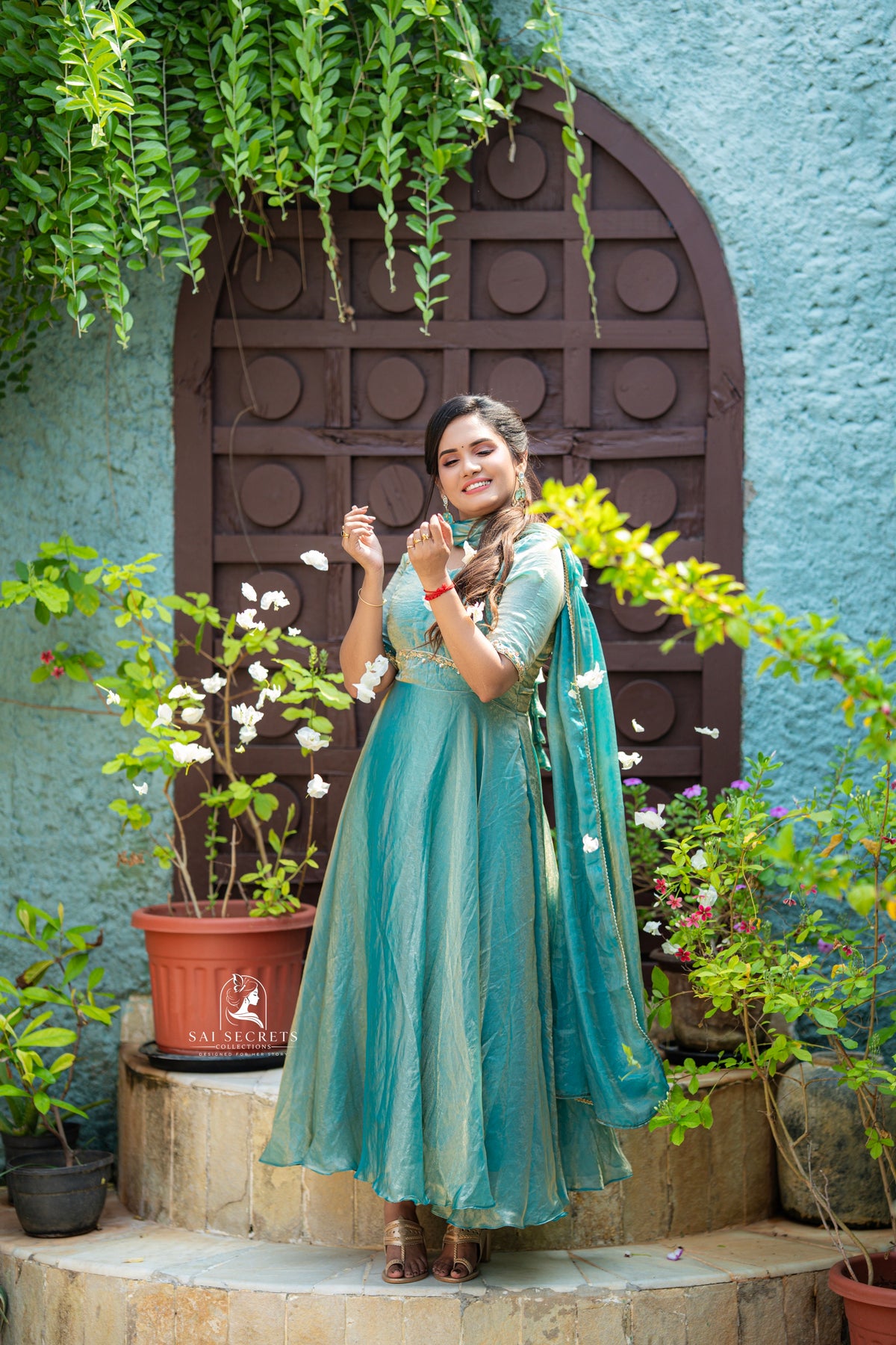 Sai Secrets Collections Women's  Anarkali - Turquoise Blue Fendy Aari Work Anarkali Gown with Dupatta