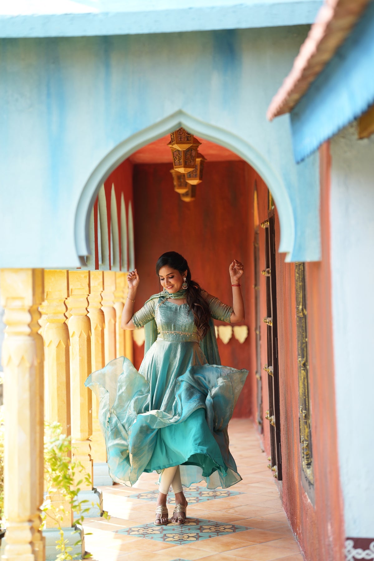 Sai Secrets Collections Women's  Anarkali - Turquoise Blue Fendy Aari Work Anarkali Gown with Dupatta