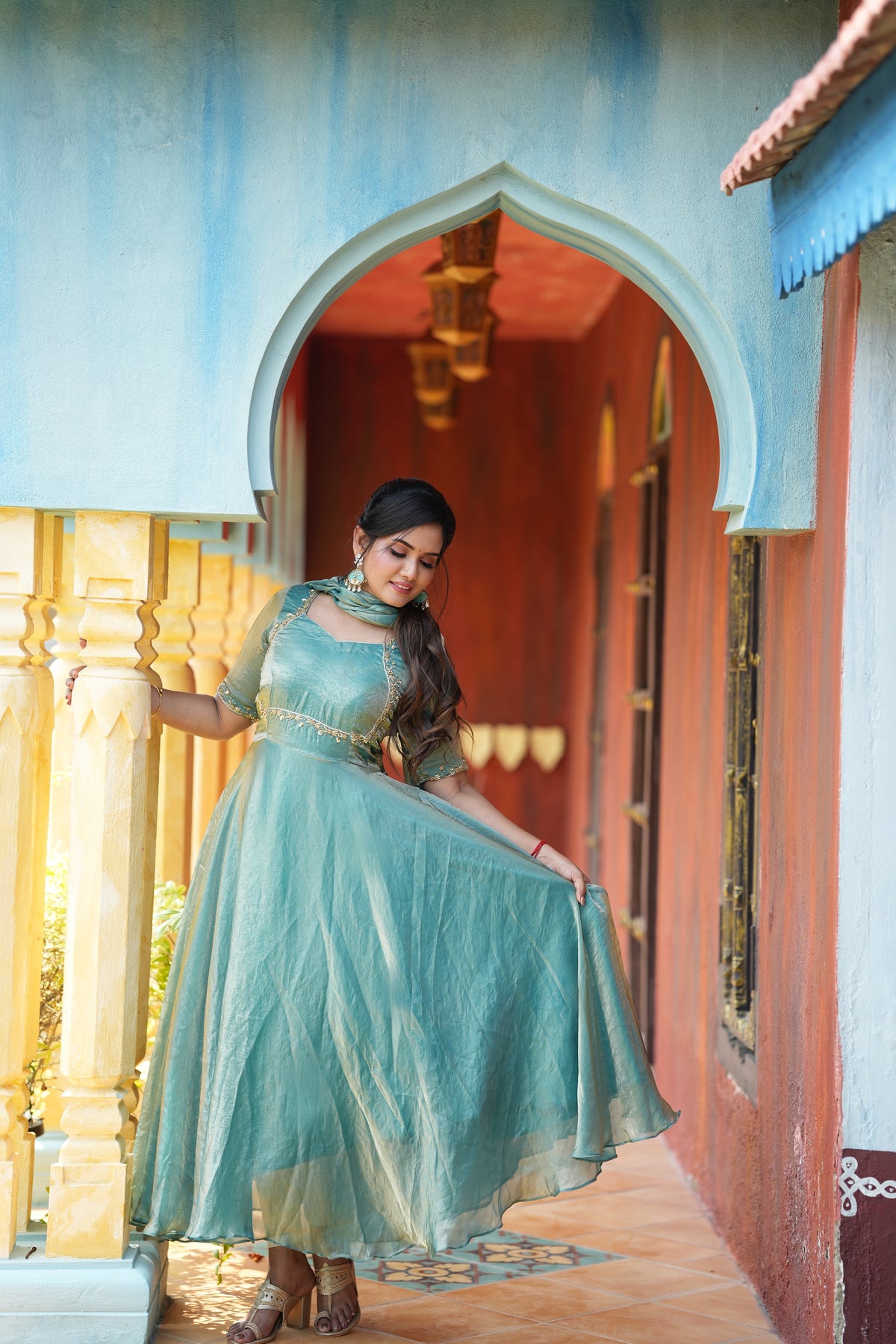 Sai Secrets Collections Women's  Anarkali - Turquoise Blue Fendy Aari Work Anarkali Gown with Dupatta