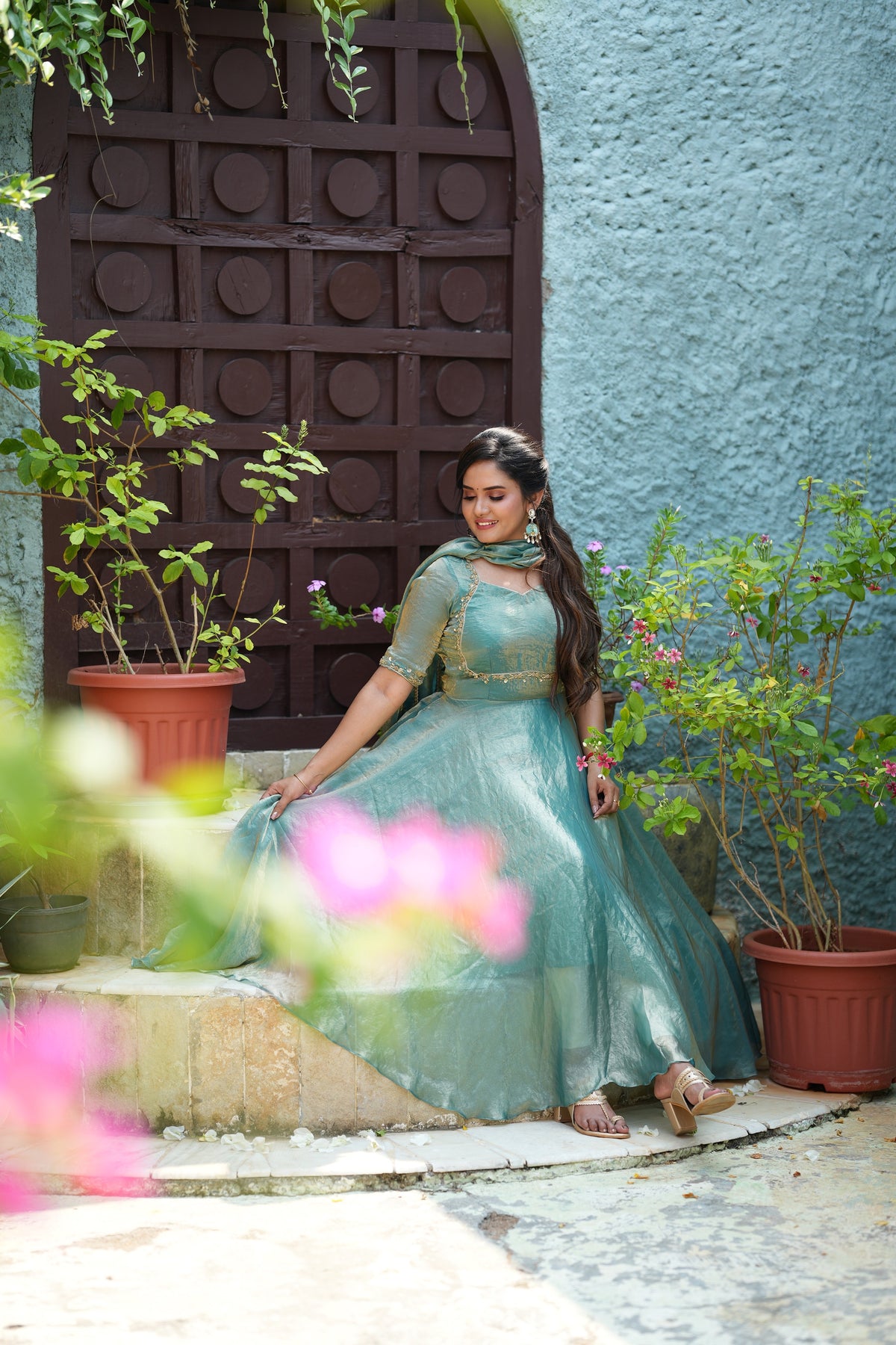 Sai Secrets Collections Women's  Anarkali - Turquoise Blue Fendy Aari Work Anarkali Gown with Dupatta