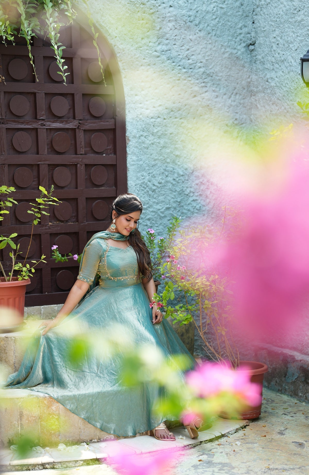 Sai Secrets Collections Women's  Anarkali - Turquoise Blue Fendy Aari Work Anarkali Gown with Dupatta
