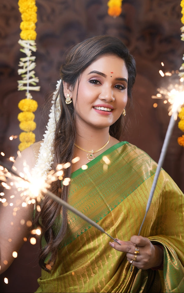 Sai Secrets Diwali Collection – Exclusive Festive Wear Parrot Green Art Silk Saree – Diwali Special