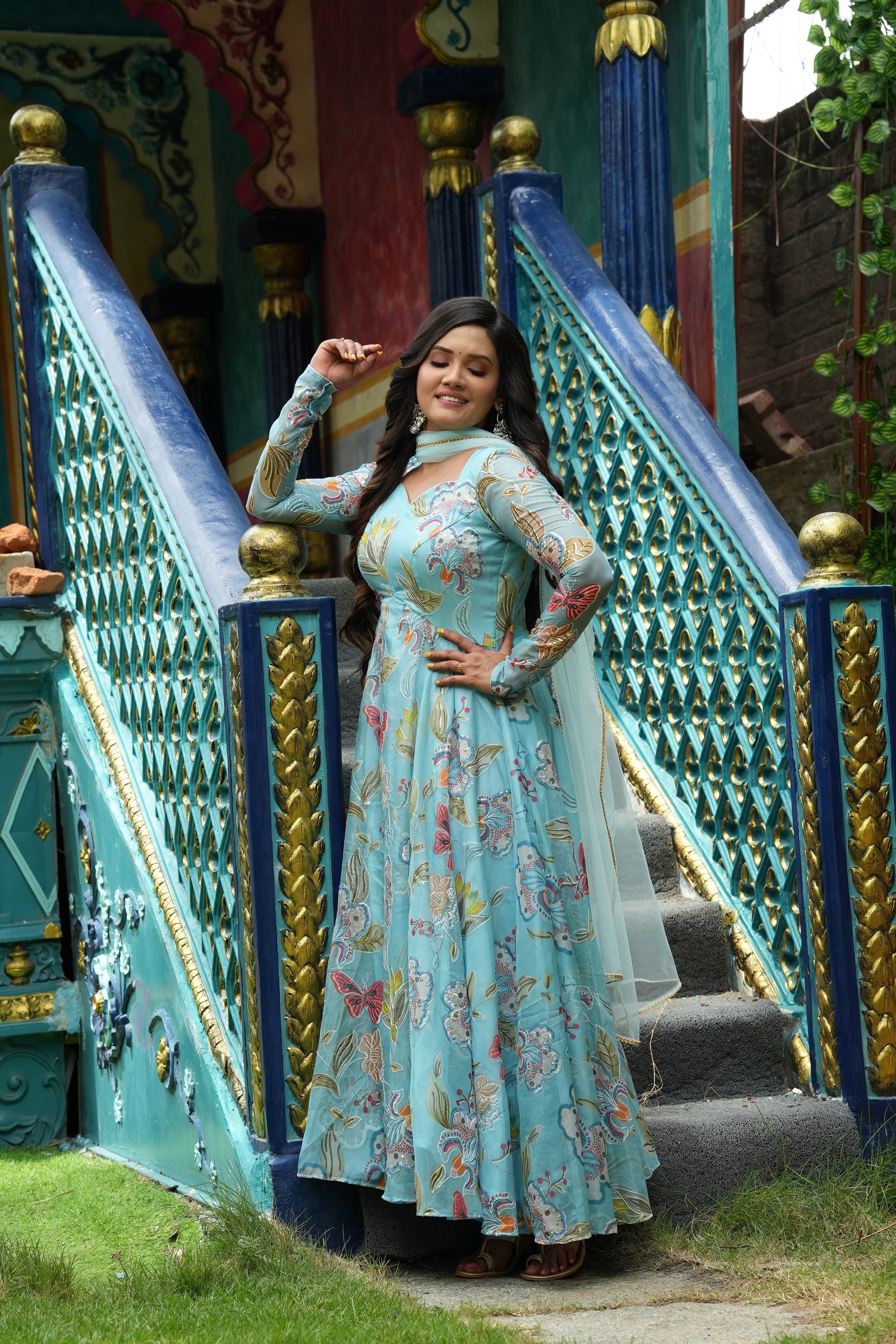 Sai Secrets Collections Women's Embroidered Organza Anarkali | Festive, Wedding & Party Wear | Available in Plus Sizes | EMBROIDERY ORGANZA SEA BLUE