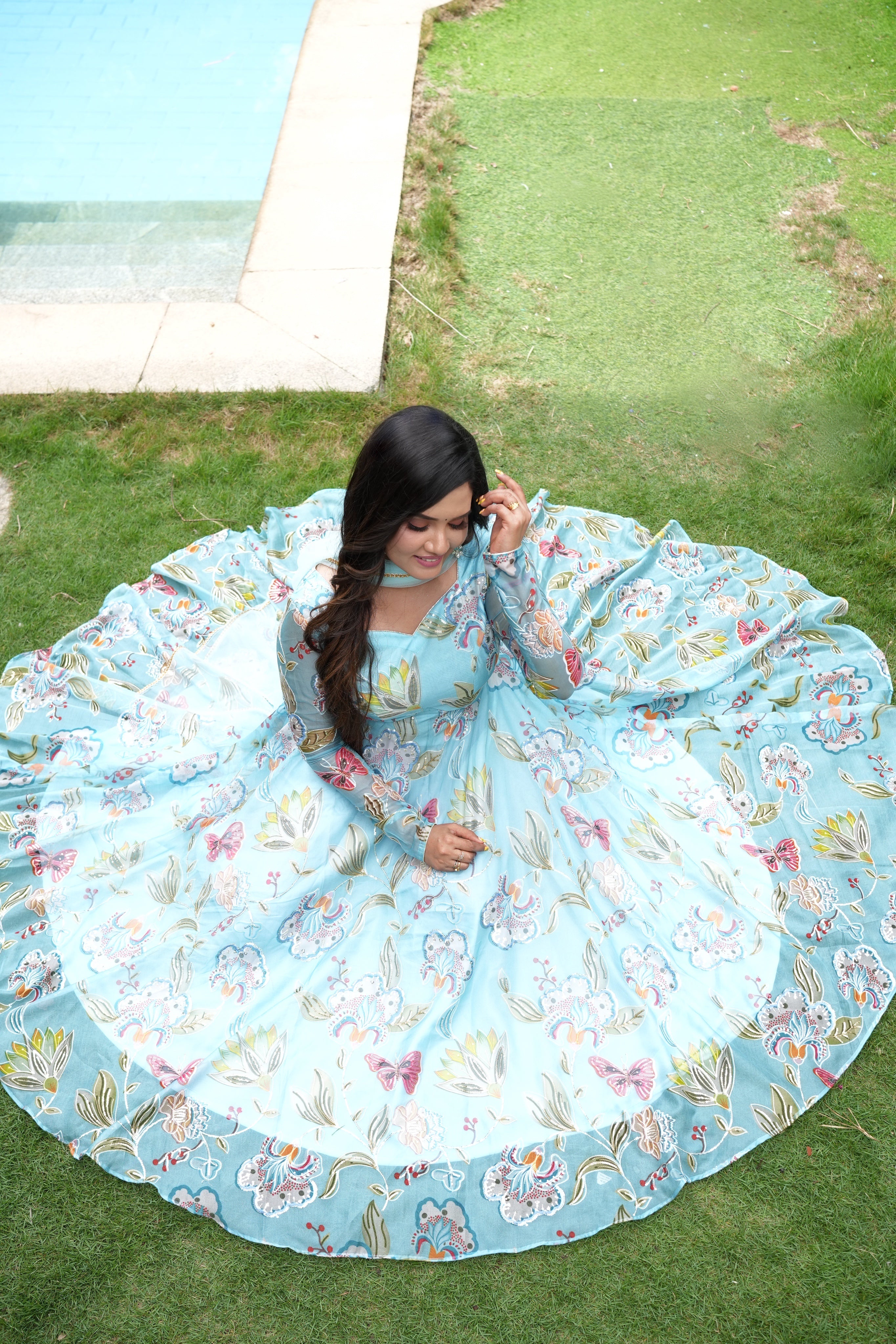 Sai Secrets Collections Women's Embroidered Organza Anarkali | Festive, Wedding & Party Wear | Available in Plus Sizes | EMBROIDERY ORGANZA SEA BLUE