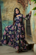 Sai Secrets Collections Women's Embroidered Organza Anarkali | Festive, Wedding & Party Wear | Available in Plus Sizes | EMBROIDERY ORGANZA NAVY BLUE