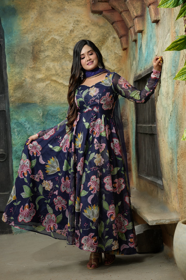 Sai Secrets Collections Women's Embroidered Organza Anarkali | Festive, Wedding & Party Wear | Available in Plus Sizes | EMBROIDERY ORGANZA NAVY BLUE