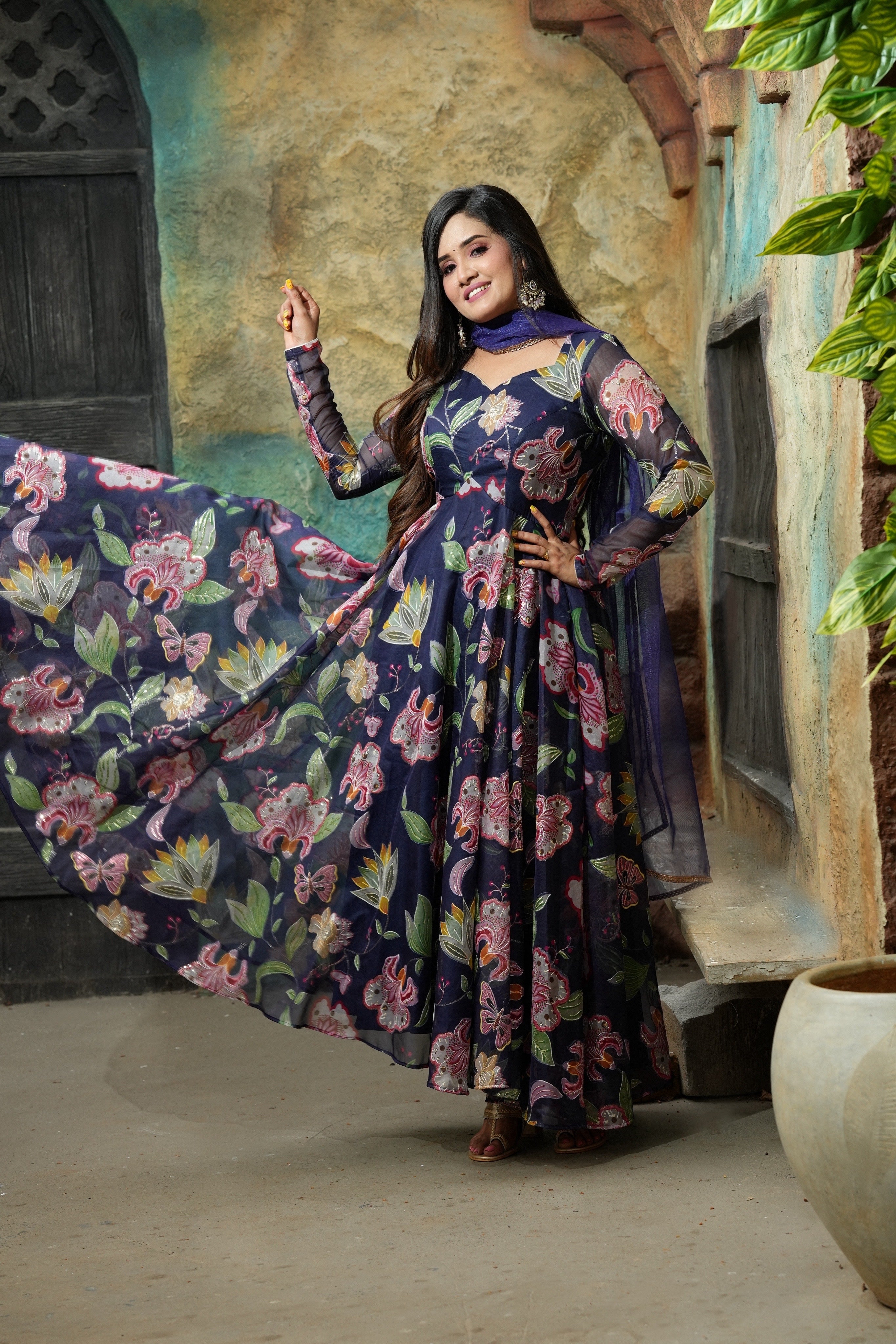 Sai Secrets Collections Women's Embroidered Organza Anarkali | Festive, Wedding & Party Wear | Available in Plus Sizes | EMBROIDERY ORGANZA NAVY BLUE