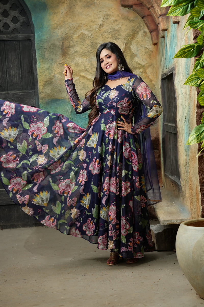 Sai Secrets Collections Women's Embroidered Organza Anarkali | Festive, Wedding & Party Wear | Available in Plus Sizes | EMBROIDERY ORGANZA NAVY BLUE
