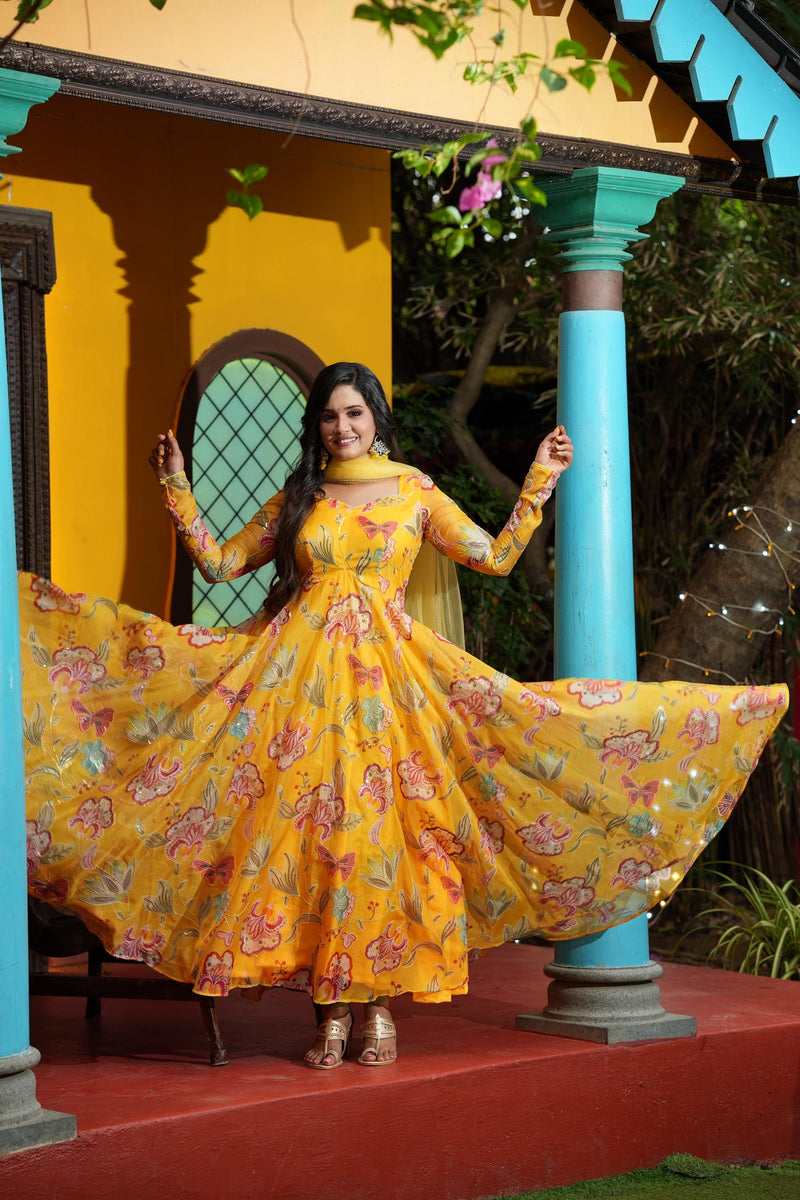 Sai Secrets Collections Women's Embroidered Organza Anarkali | Festive, Wedding & Party Wear | Available in Plus Sizes | EMBROIDERY ORGANZA Yellow