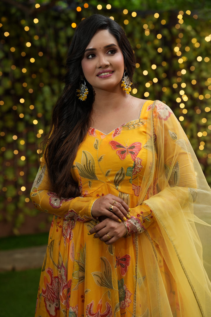 Sai Secrets Collections Women's Embroidered Organza Anarkali | Festive, Wedding & Party Wear | Available in Plus Sizes | EMBROIDERY ORGANZA Yellow