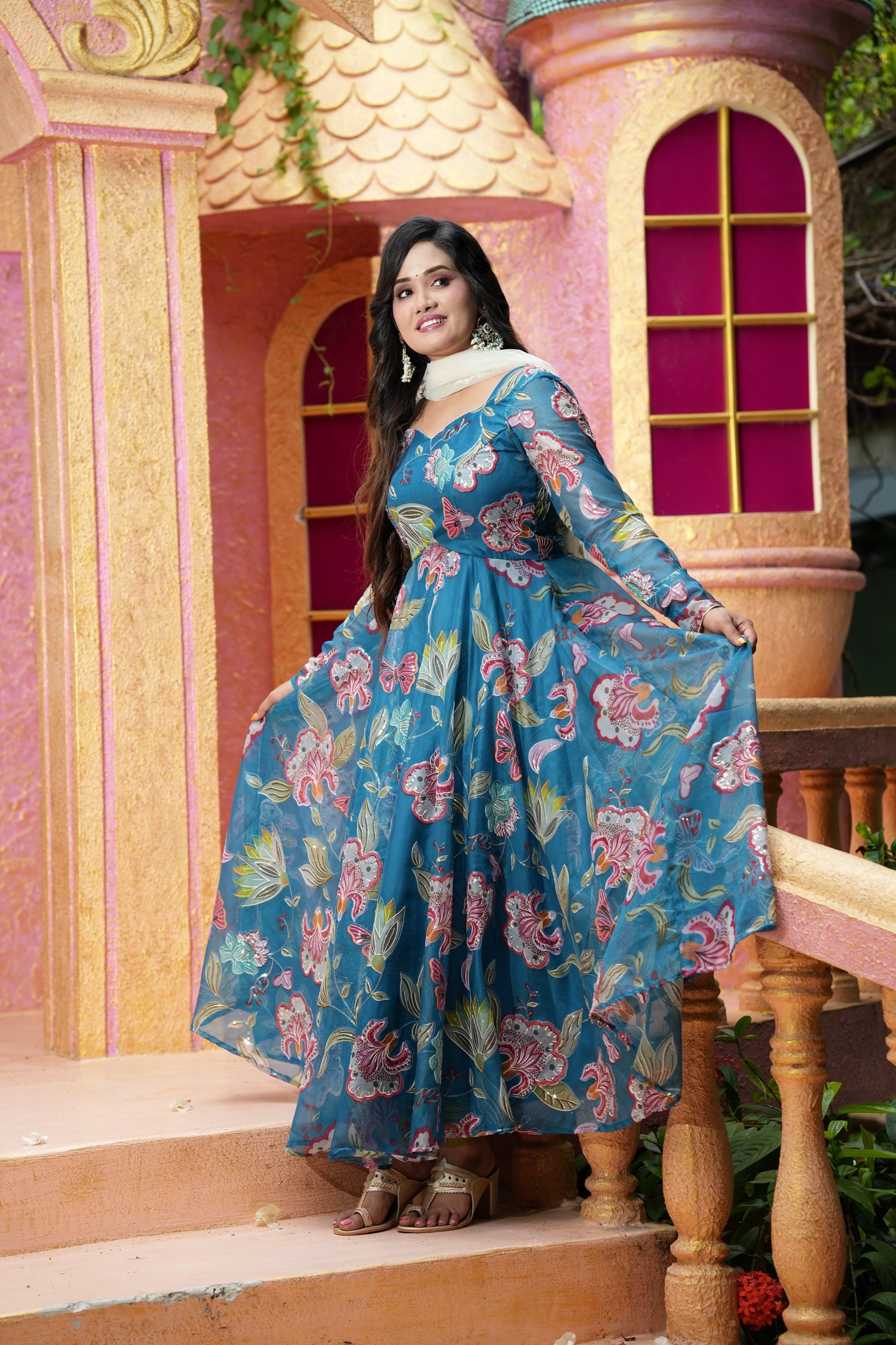 Sai Secrets Collections Women's Embroidered Organza Anarkali | Festive, Wedding & Party Wear | Available in Plus Sizes | EMBROIDERY ORGANZA Teal Blue