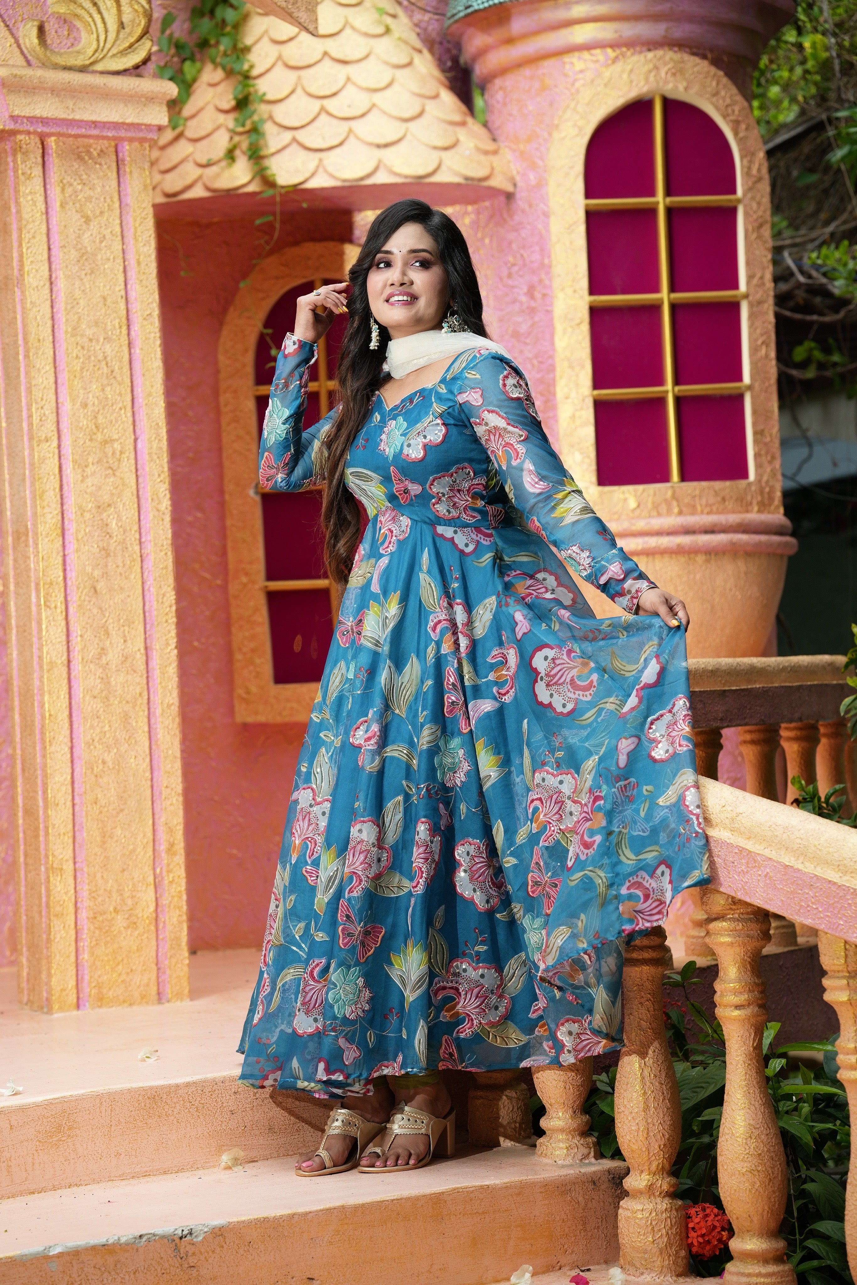 Sai Secrets Collections Women's Embroidered Organza Anarkali | Festive, Wedding & Party Wear | Available in Plus Sizes | EMBROIDERY ORGANZA Teal Blue